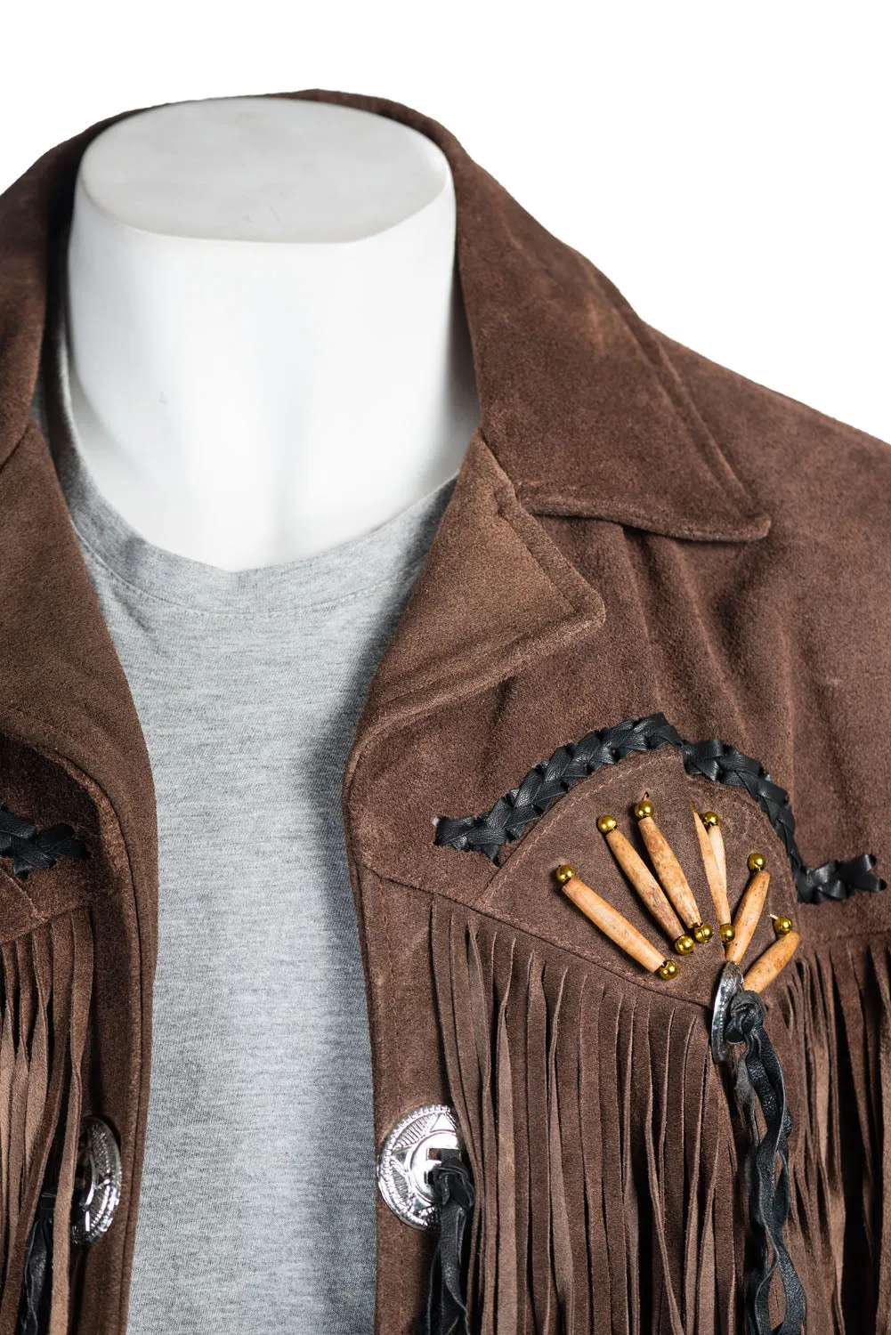 Men's Black Suede Native American Western Style Jacket with Fringe and Beads - Navajo Men's