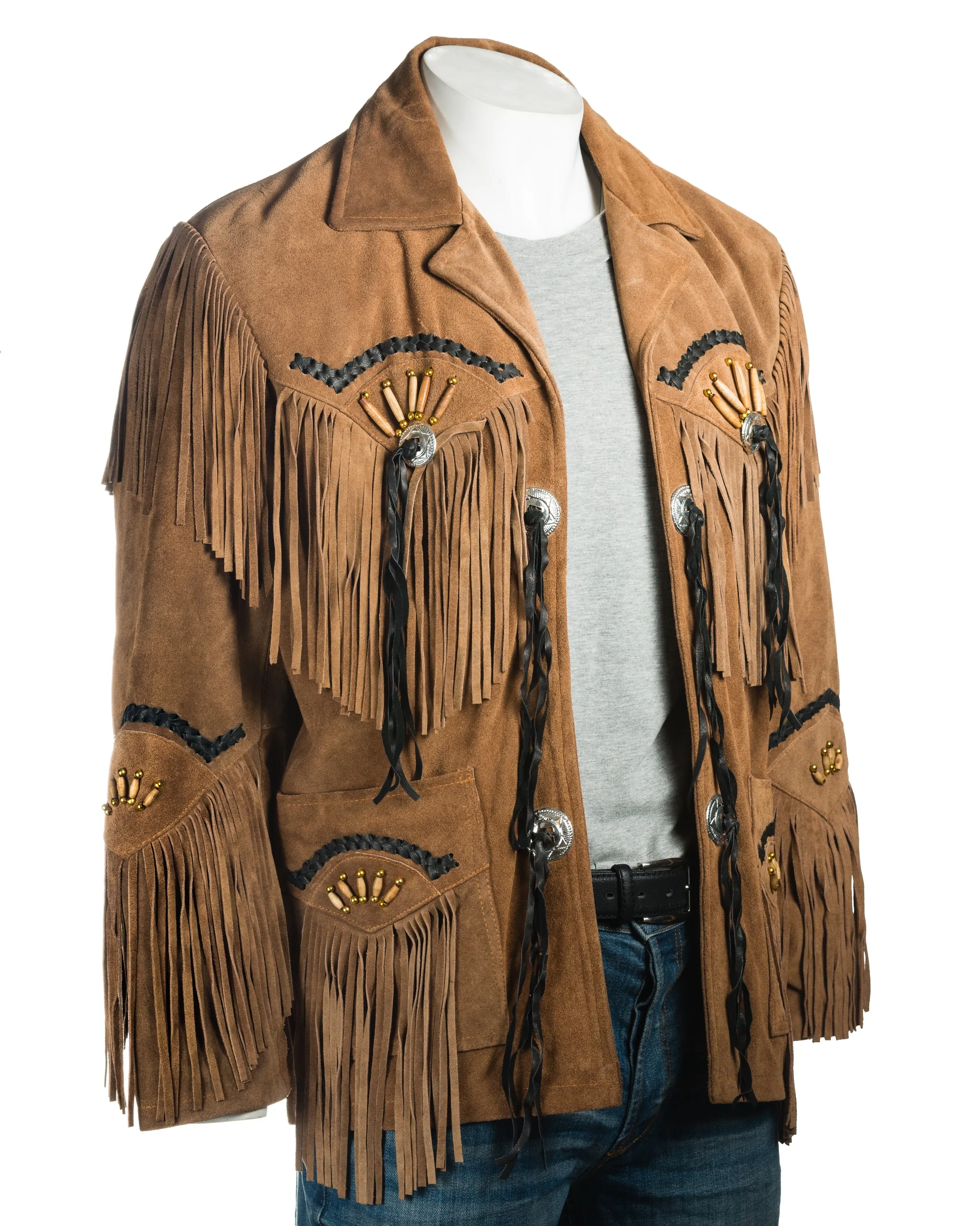 Men's Black Suede Native American Western Style Jacket with Fringe and Beads - Navajo Men's