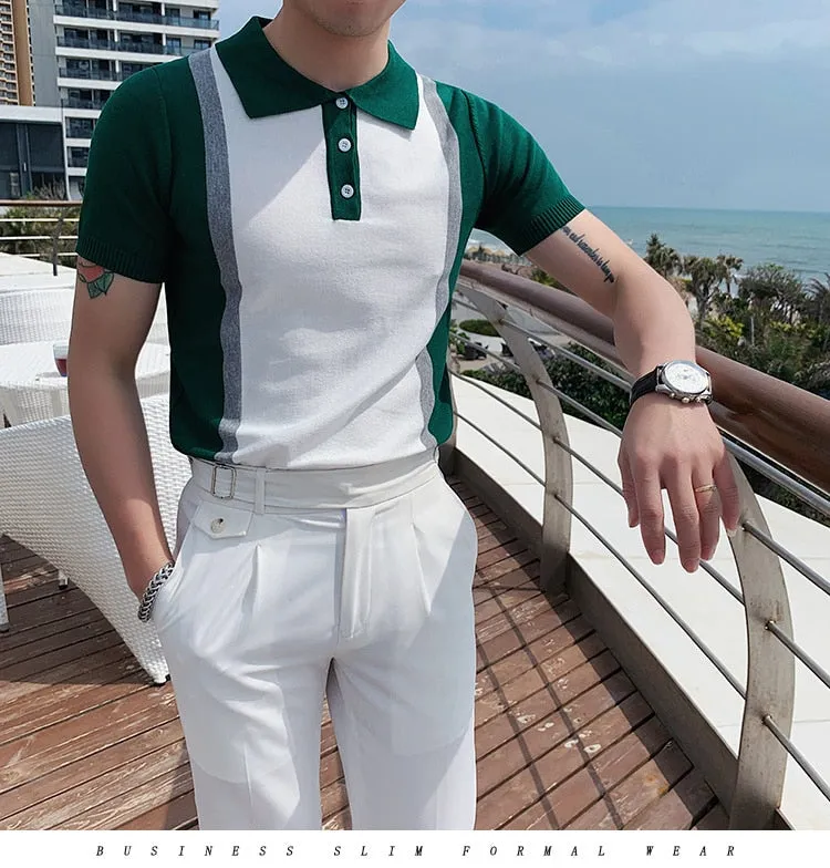 Men's Summer Contrast Color Breathable Knitted Polo Short Sleeve Shirt