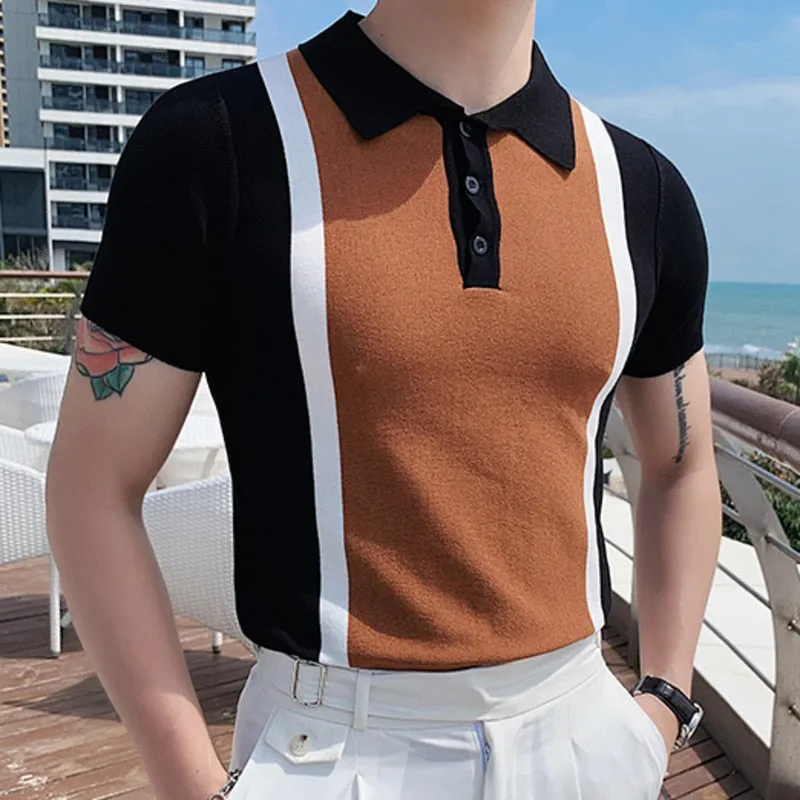 Men's Summer Contrast Color Breathable Knitted Polo Short Sleeve Shirt