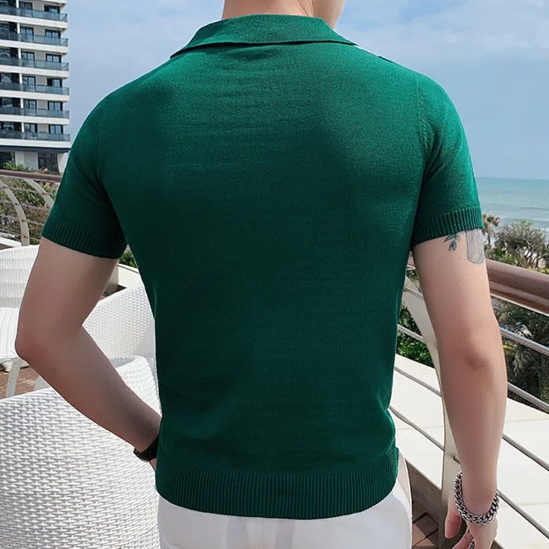 Men's Summer Contrast Color Breathable Knitted Polo Short Sleeve Shirt