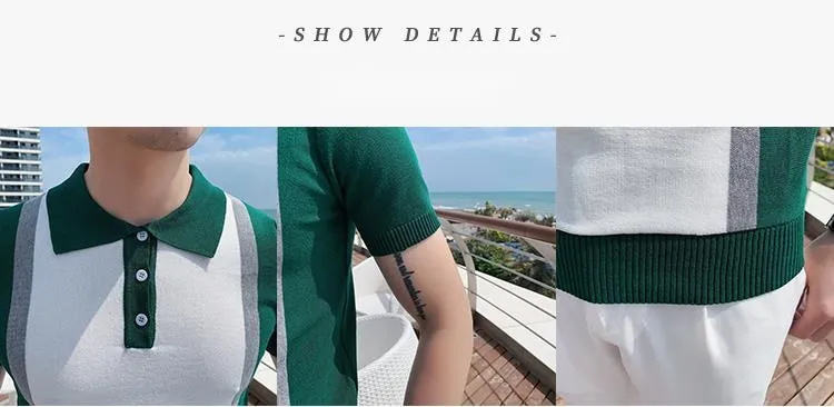 Men's Summer Contrast Color Breathable Knitted Polo Short Sleeve Shirt