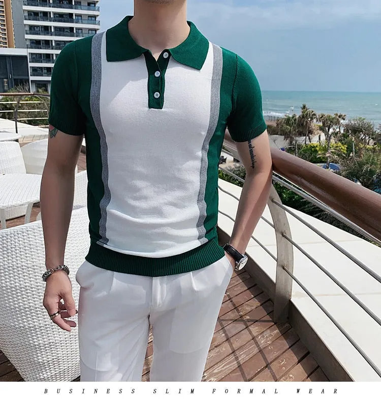 Men's Summer Contrast Color Breathable Knitted Polo Short Sleeve Shirt