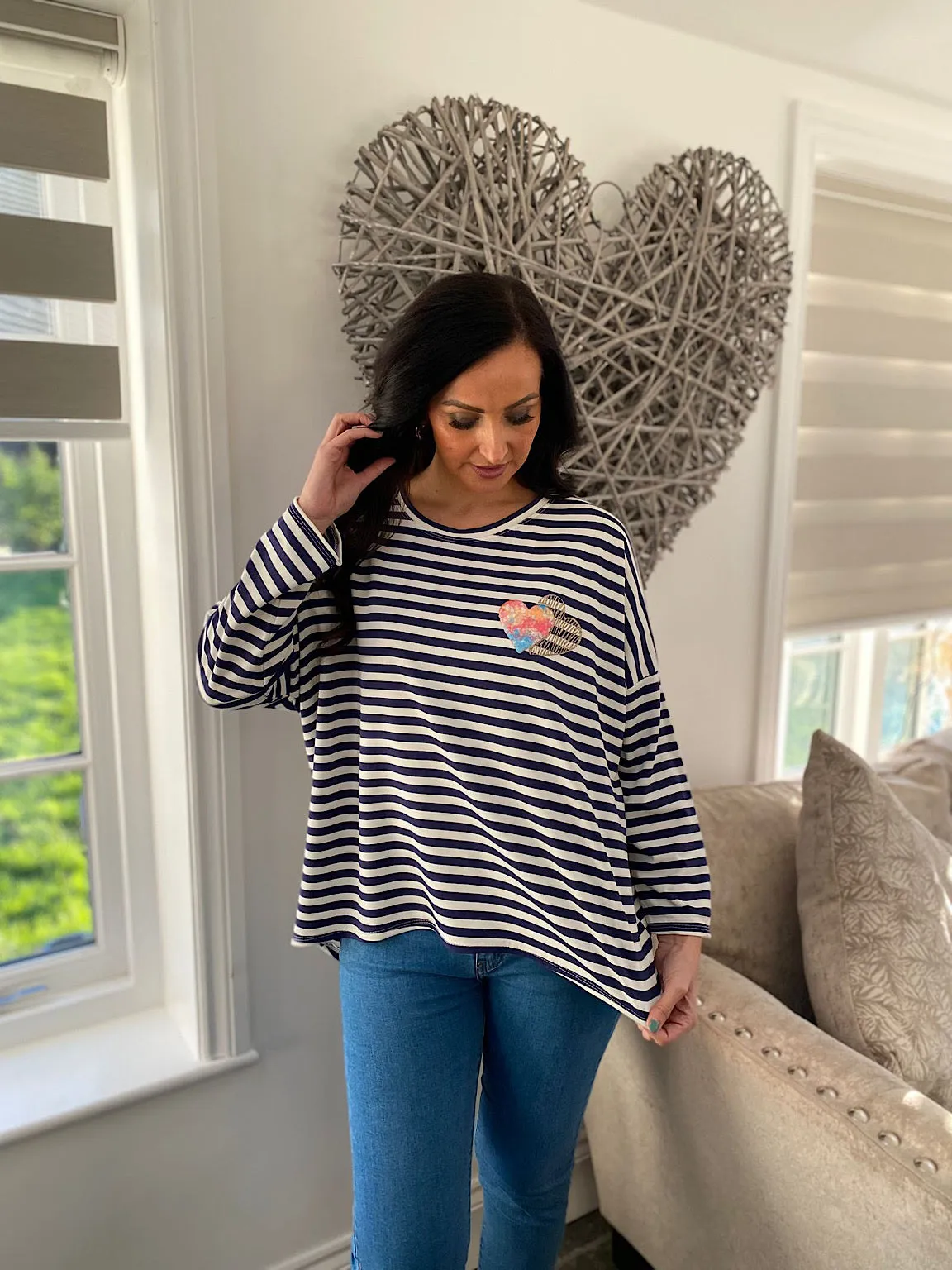 Navy Textured Heart Striped Top Danni