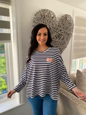 Navy Textured Heart Striped Top Danni