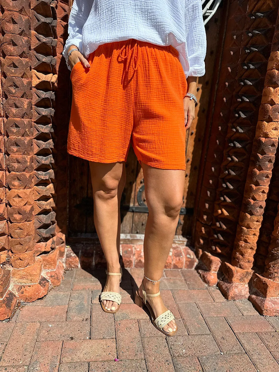 Orange Bubble Cotton Drawstring Shorts