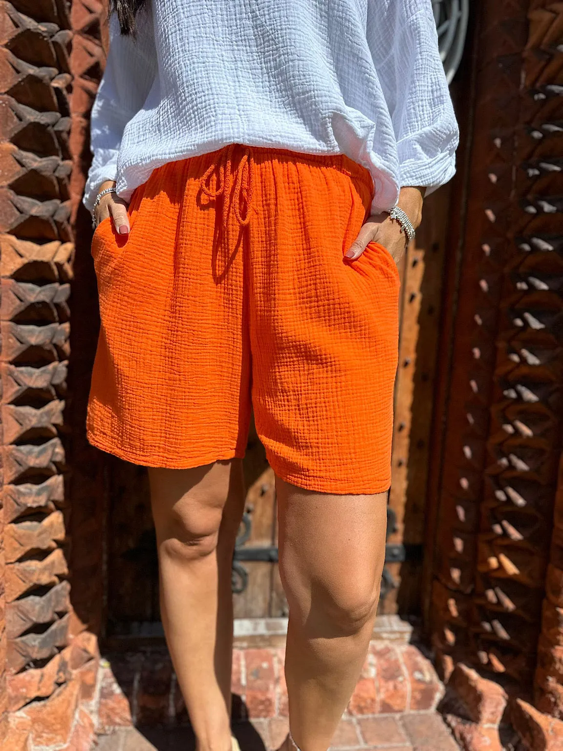 Orange Bubble Cotton Drawstring Shorts