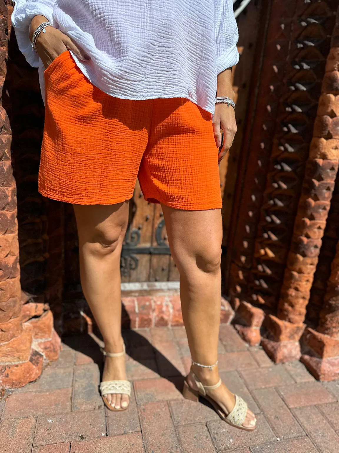 Orange Bubble Cotton Drawstring Shorts