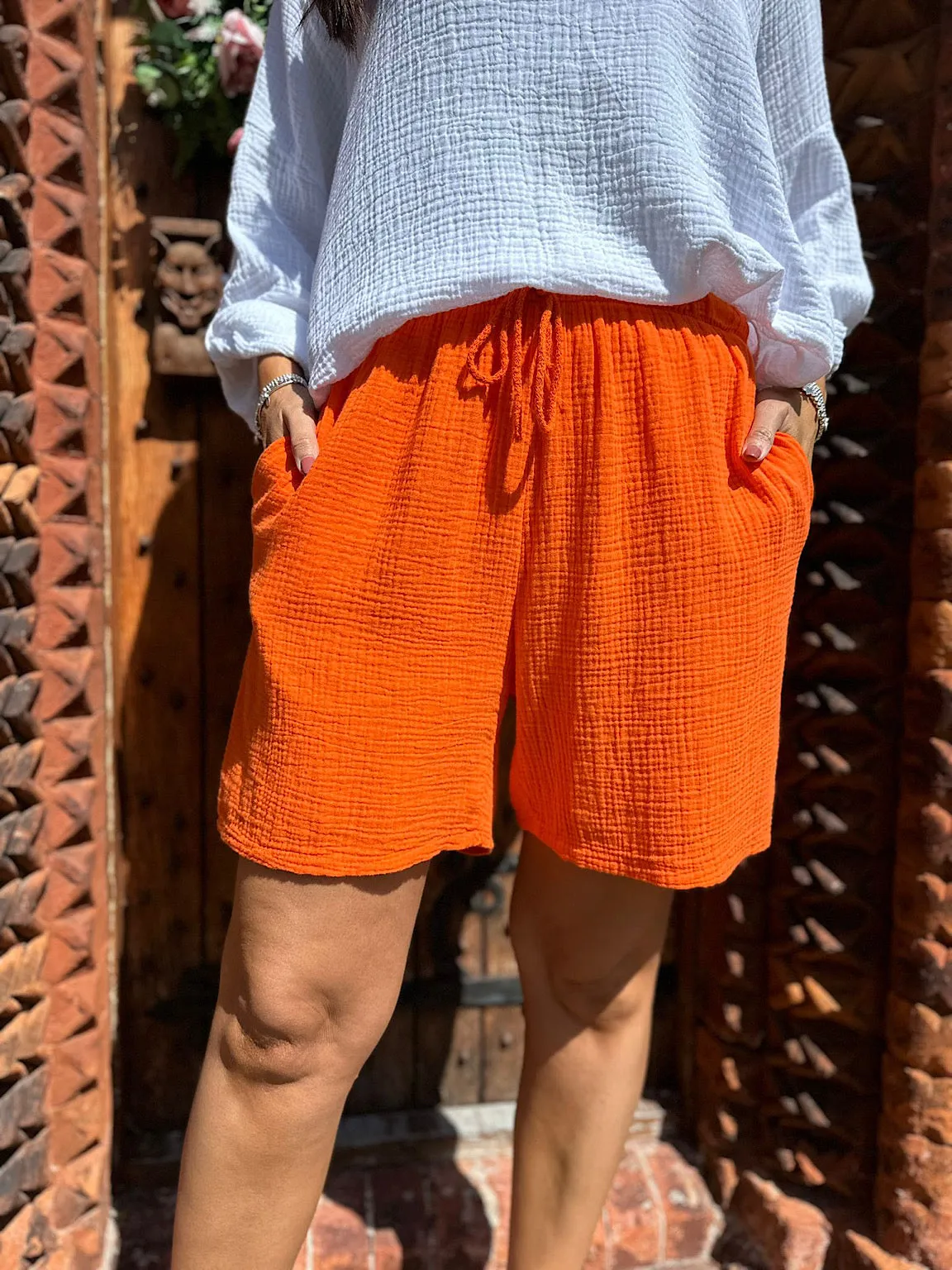 Orange Bubble Cotton Drawstring Shorts