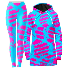 Pink and Blue Squiggly Rave Checkered Hoodie Dress and Leggings Combo