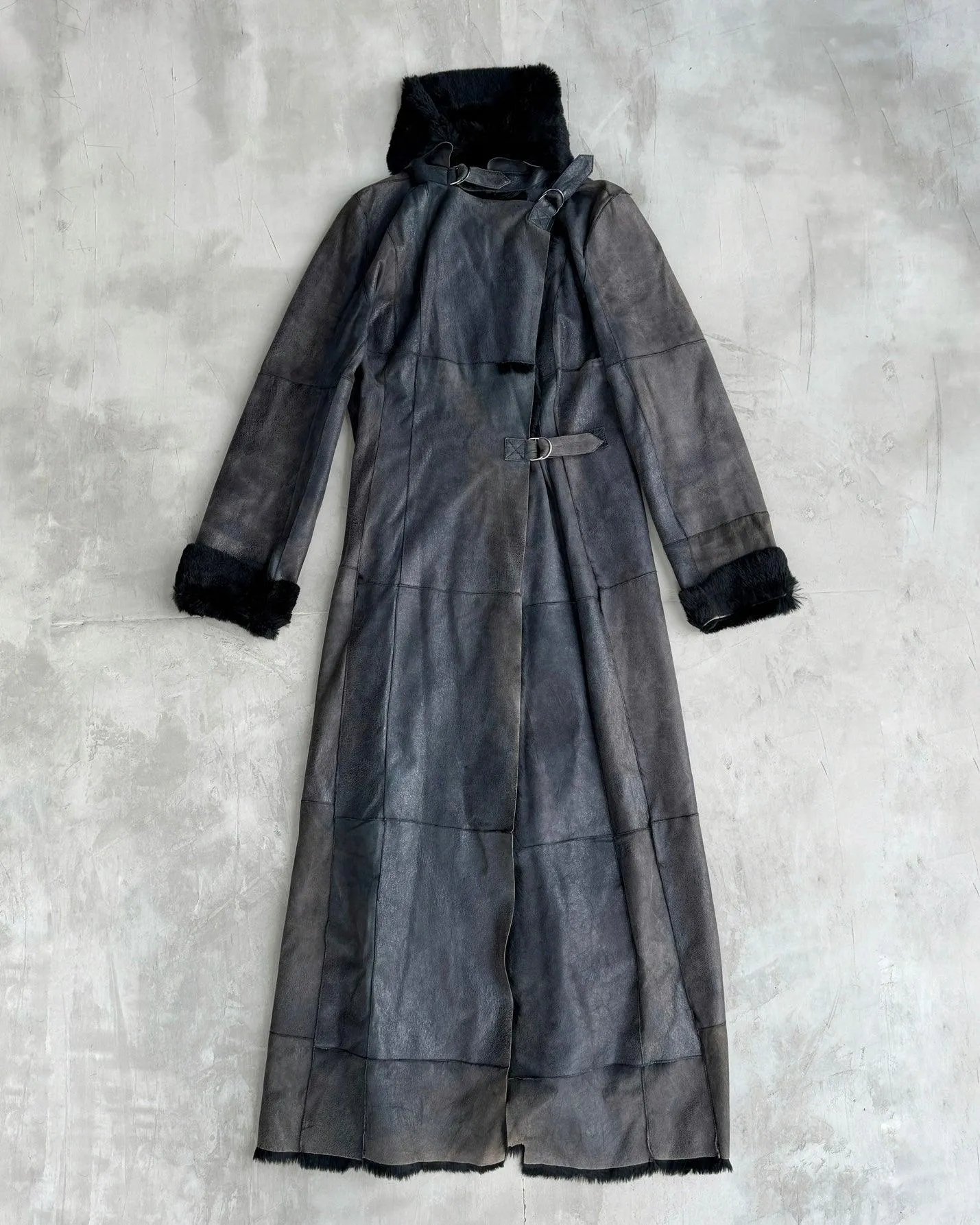 PLEIN SUD LEATHER & FUR FLOOR LENGTH BUCKLE COAT - M