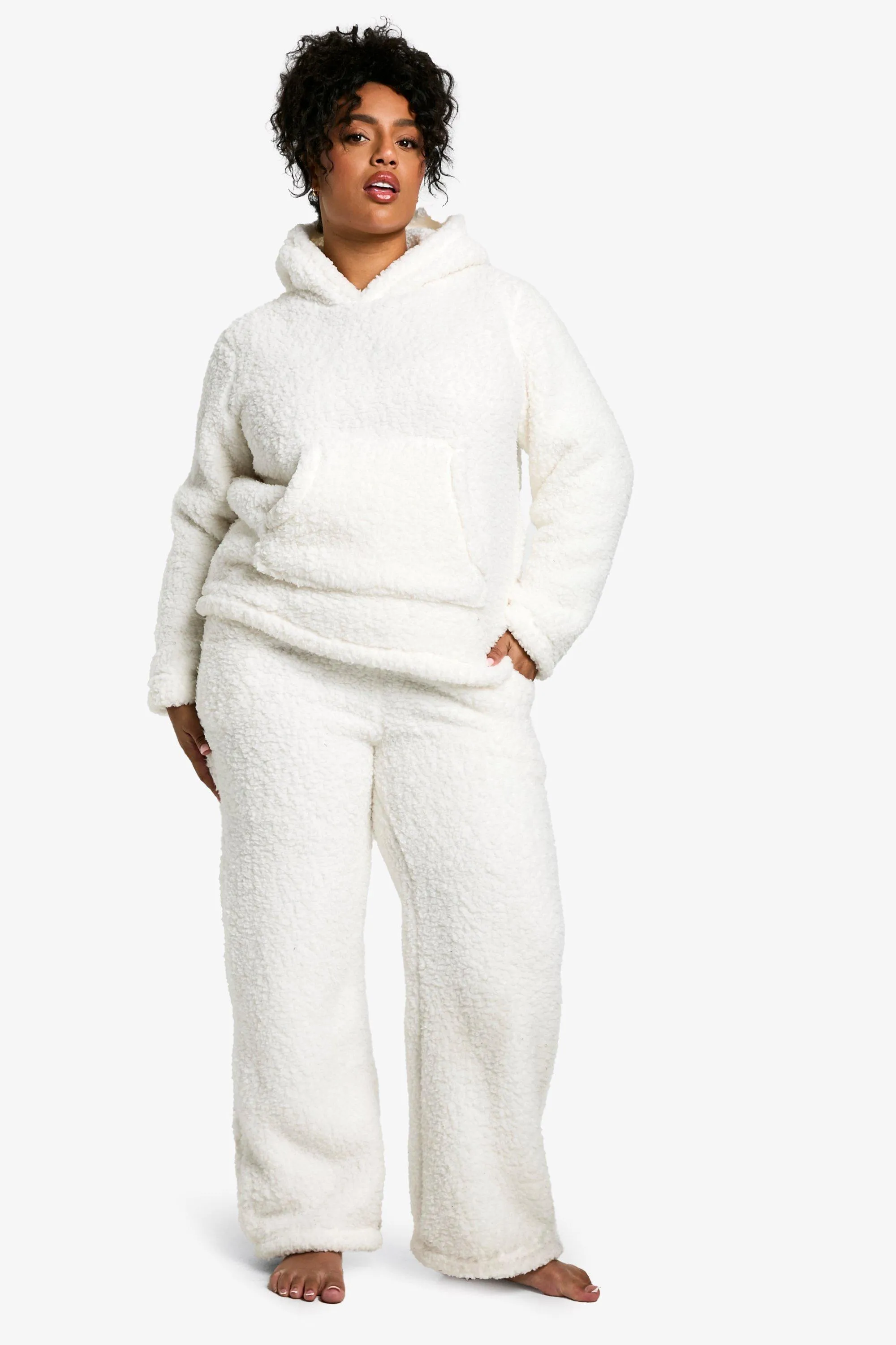 Plus Fluffy Fleece Hoody And Wide Leg Jogger Set