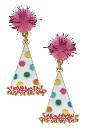 Polka Dotted Party Hat Enamel Earrings in Rainbow Multi