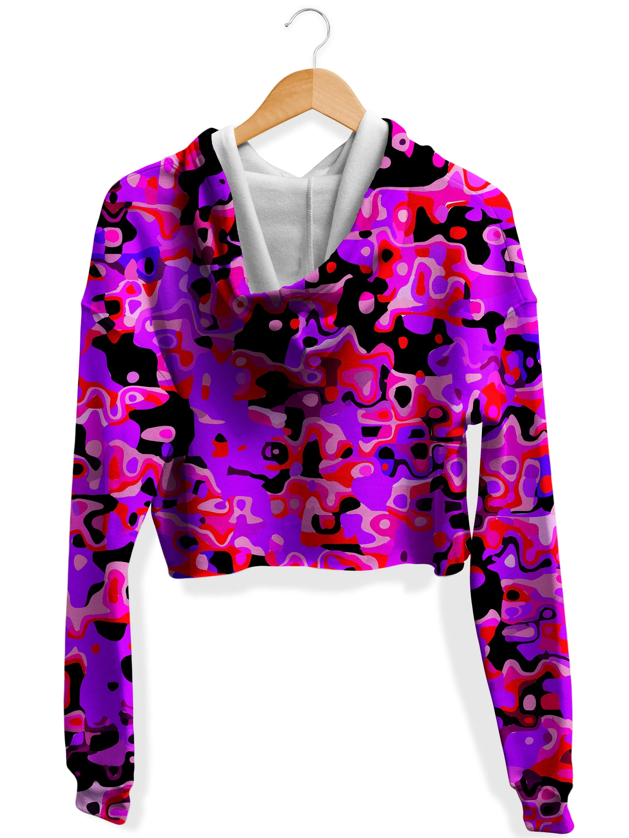 Purple Red and Black Rave Camo Melt Fleece Crop Hoodie