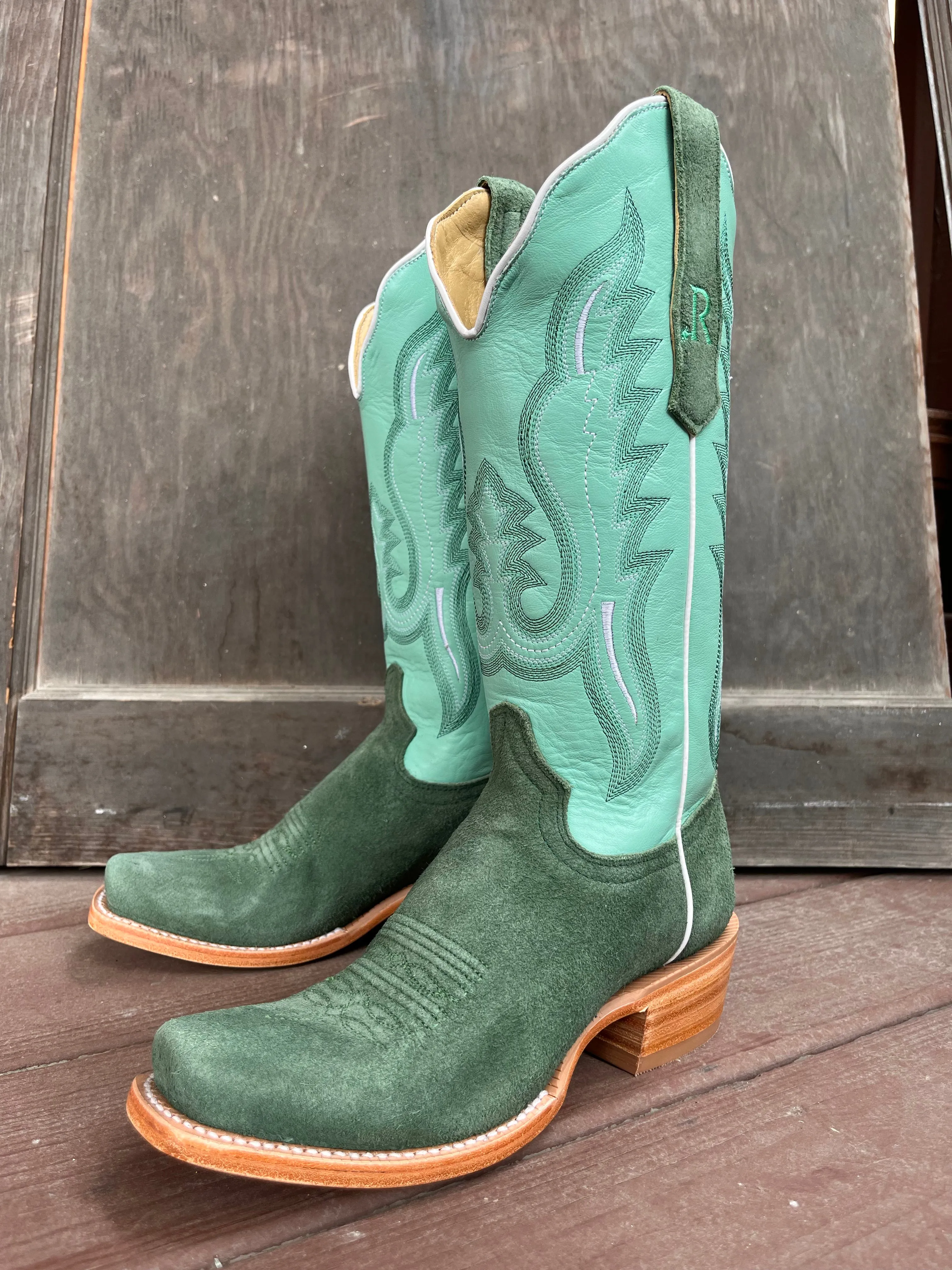 R. Watson Women's Teal Roughout Narrow Square Toe Cowgirl Boots RWL8419