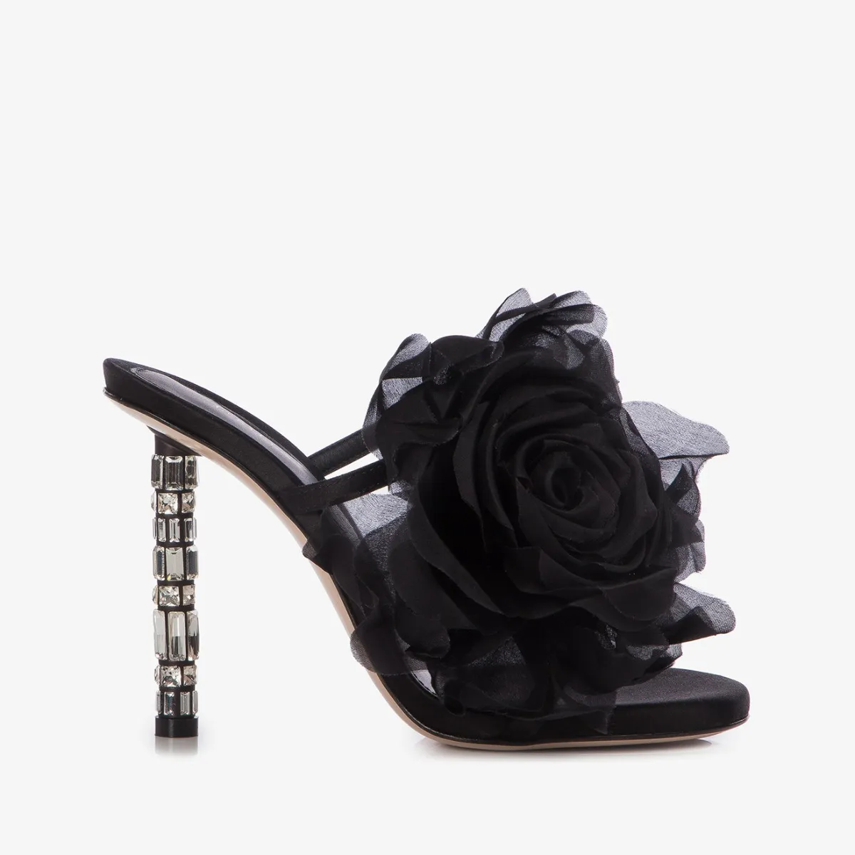 ROSE SANDAL 110 mm Black satin flower sandal