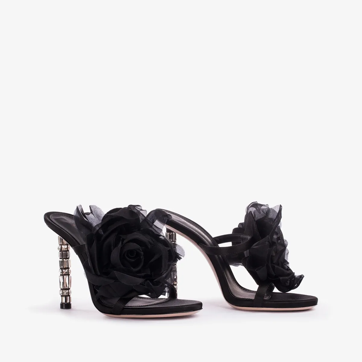 ROSE SANDAL 110 mm Black satin flower sandal