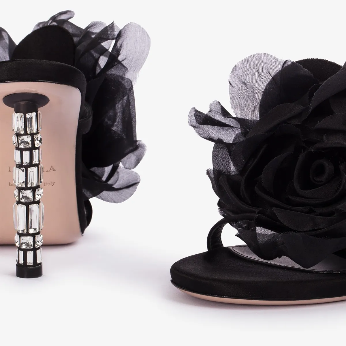 ROSE SANDAL 110 mm Black satin flower sandal