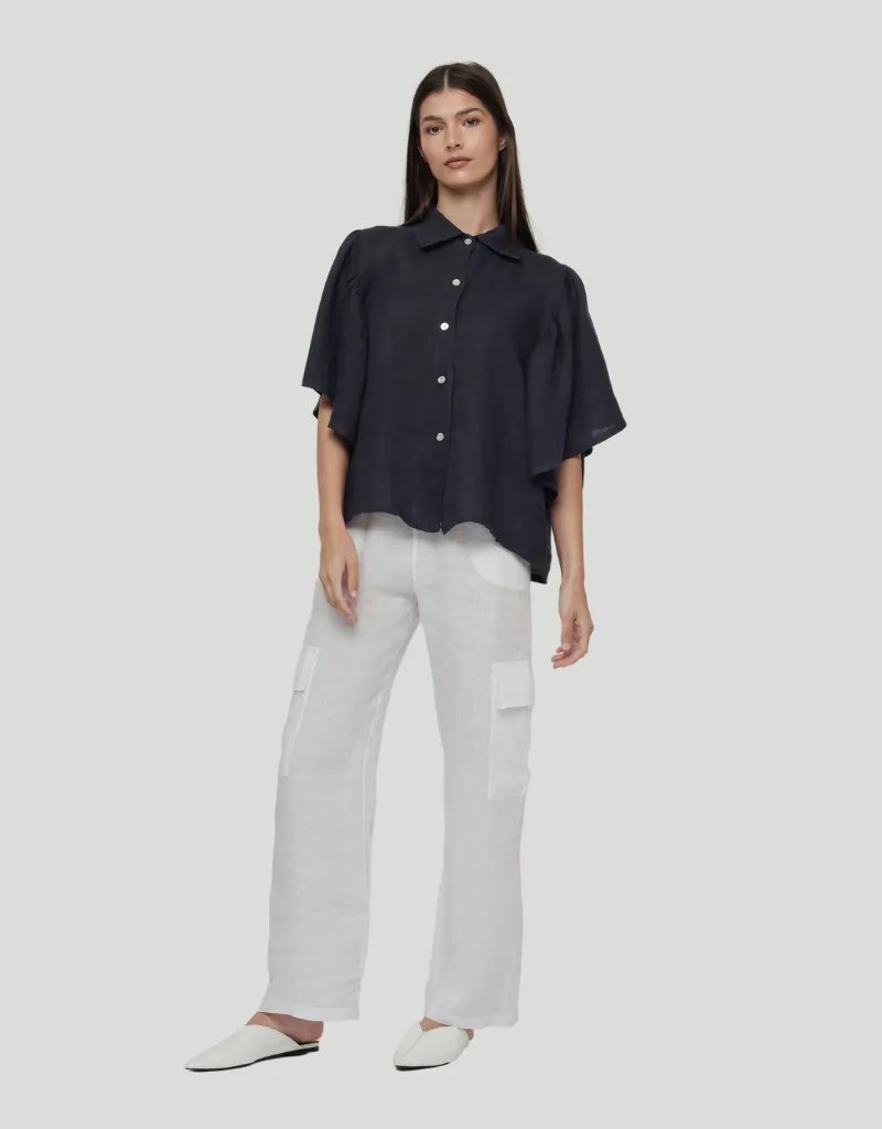 RUFFLE SLEEVE LINEN BLOUSE