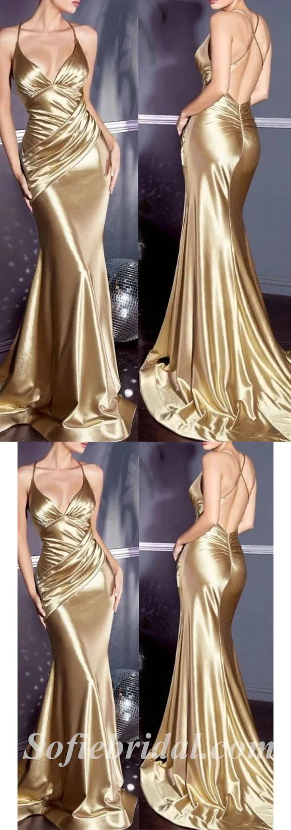 Sexy Spaghetti Straps Gold Mermaid Satin Long Evening Prom Dress Online, OL046