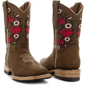 Soto Boots K3009 Girls Red Rose Square Toe Cowboy Boots