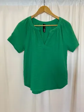 SPLIT NECK COTTON GAUZE SHORT SLEEVE BLOUSE