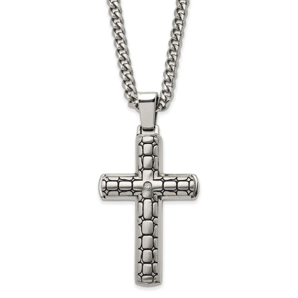 Stainless Steel CZ Antiqued Brushed Cobblestone Cross Necklace, 24 In