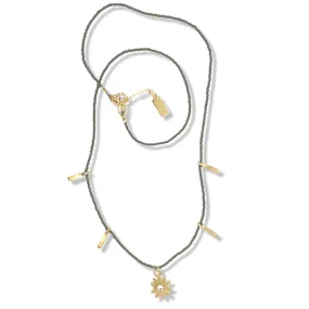 STAR FRINGE CHARM NECKLACE IN GOLD ON CHARCOAL BEADS