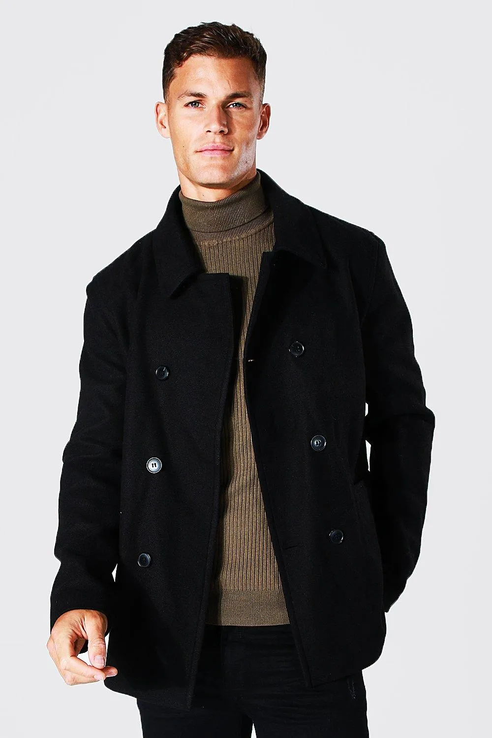 Tall Wool Look Pea Coat | boohooMAN UK