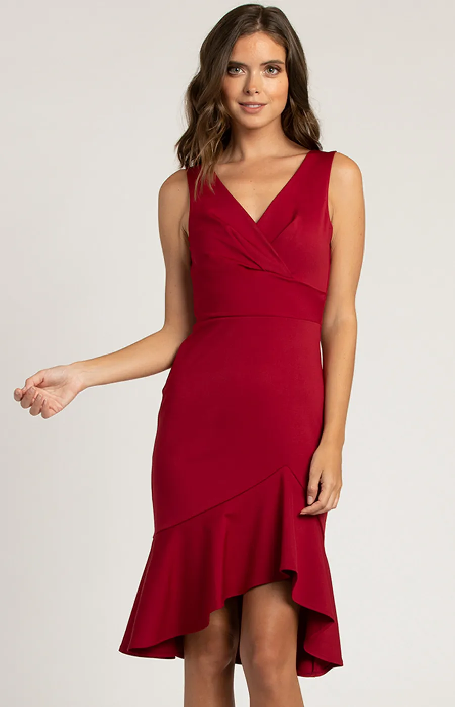 V-Neckline Sleeveless Dress with Ruffle Detail (ADR938A) 