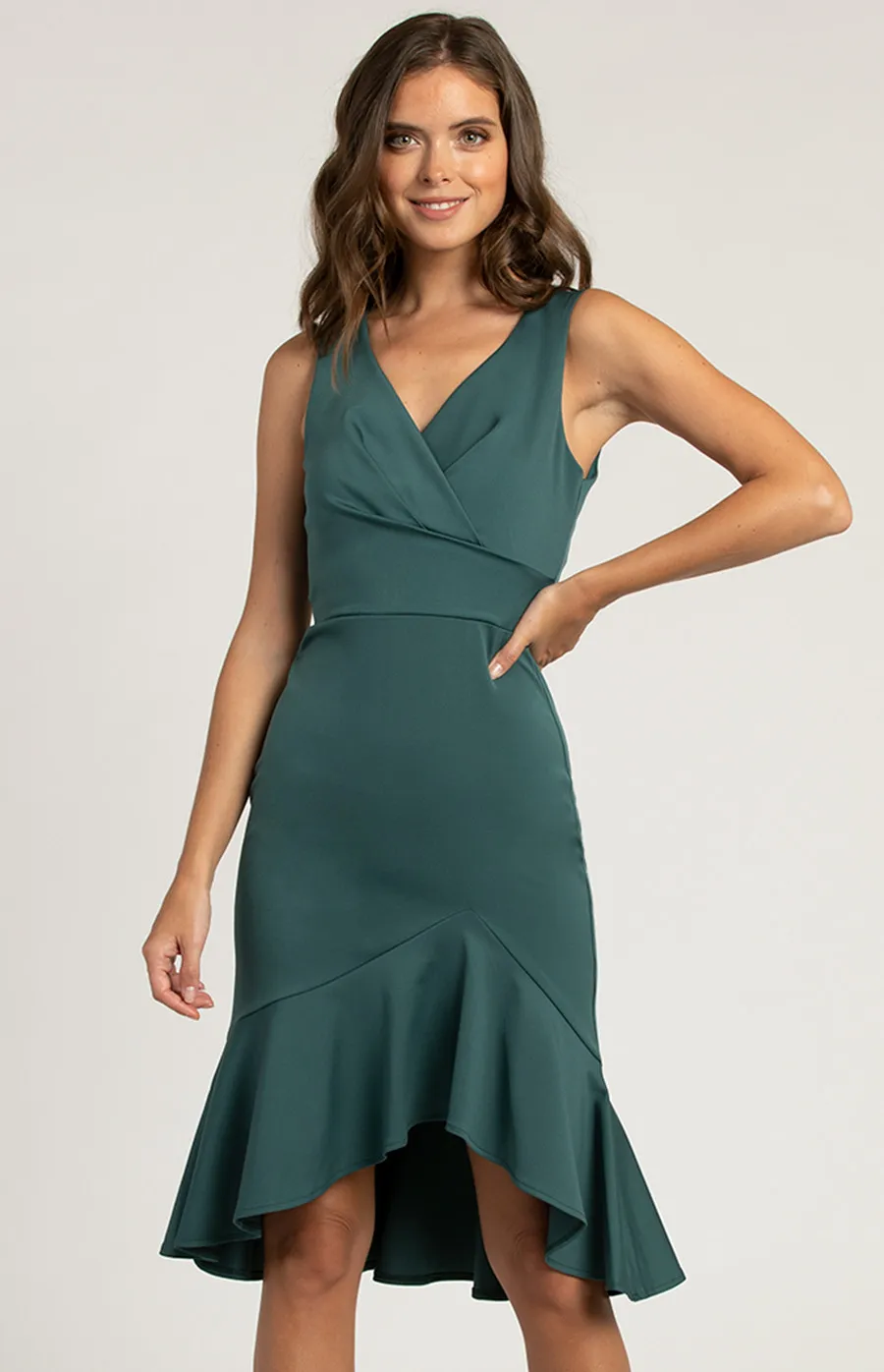 V-Neckline Sleeveless Dress with Ruffle Detail (ADR938A) 