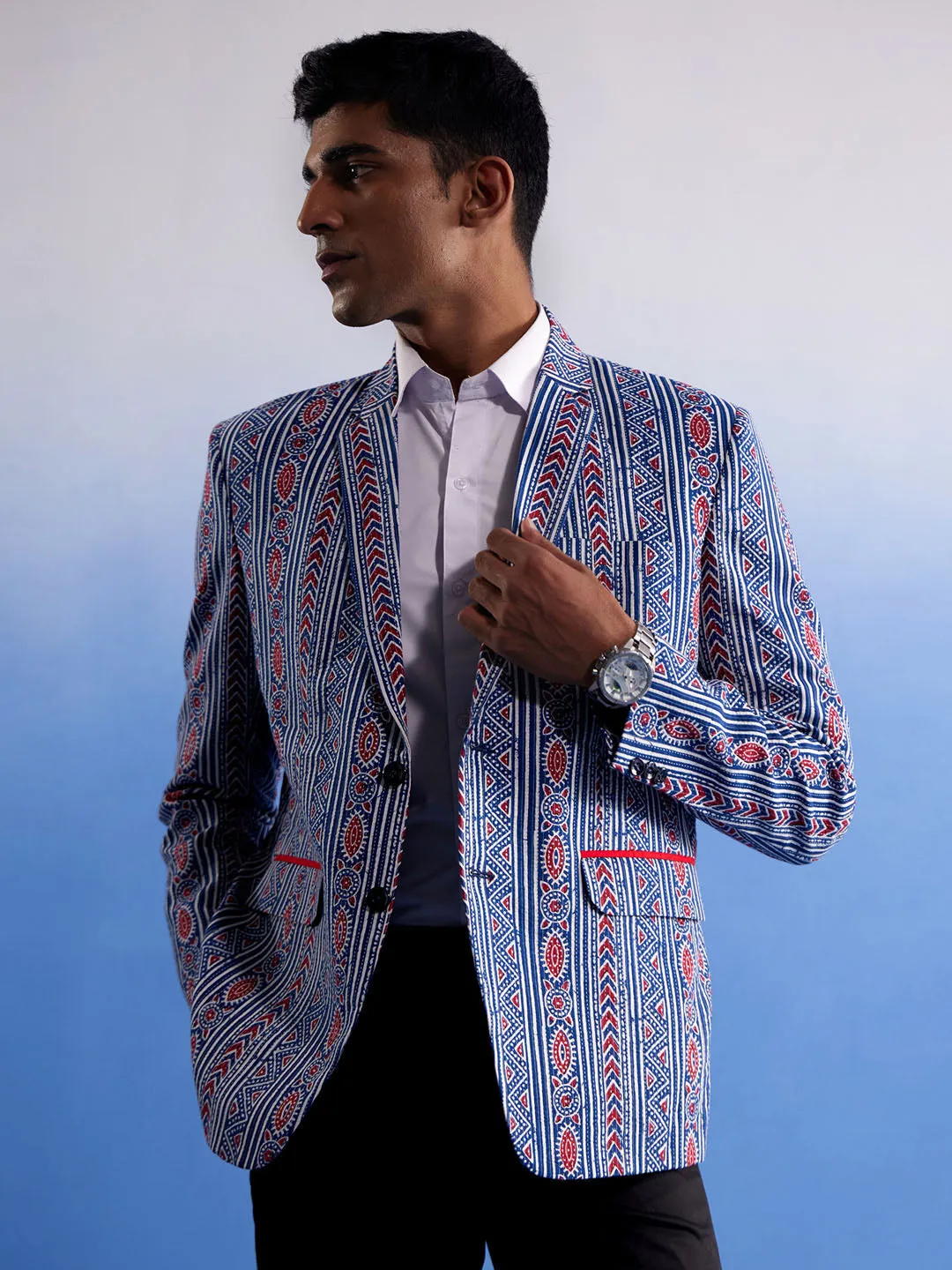 Vastramay Men's Aqua And Red Ethnic Printed Ctton Blazer