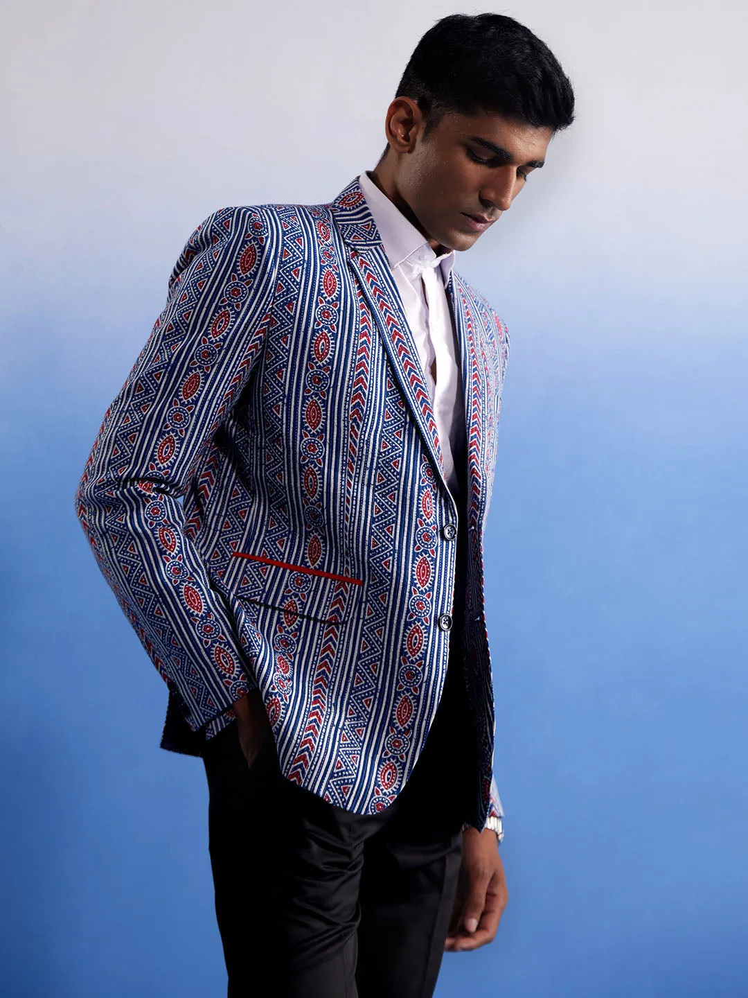 Vastramay Men's Aqua And Red Ethnic Printed Ctton Blazer