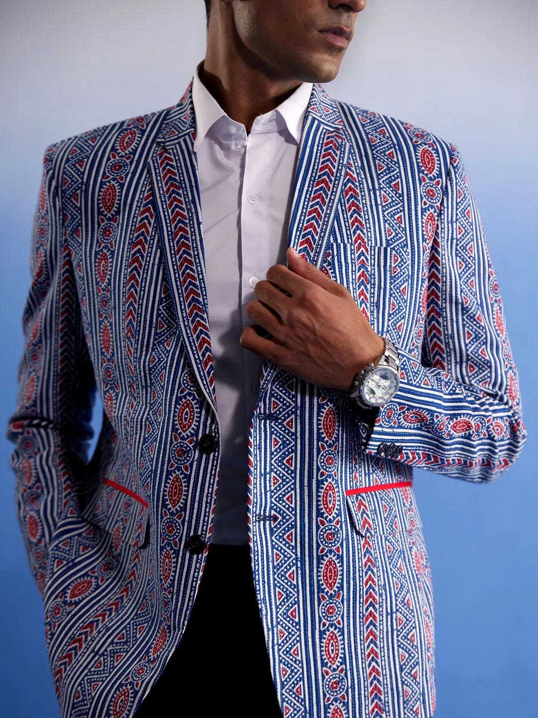 Vastramay Men's Aqua And Red Ethnic Printed Ctton Blazer