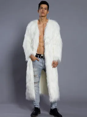 White Overcoat Men Faux Fur Coat V Neck Long Sleeve Long Winter Coat