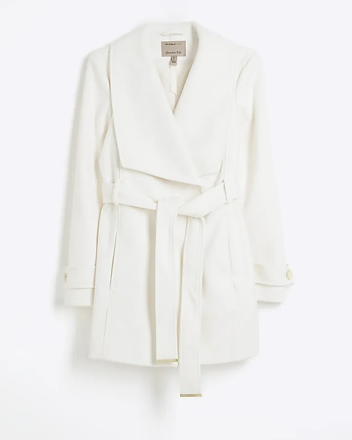 White Short Belted Wrap Coat