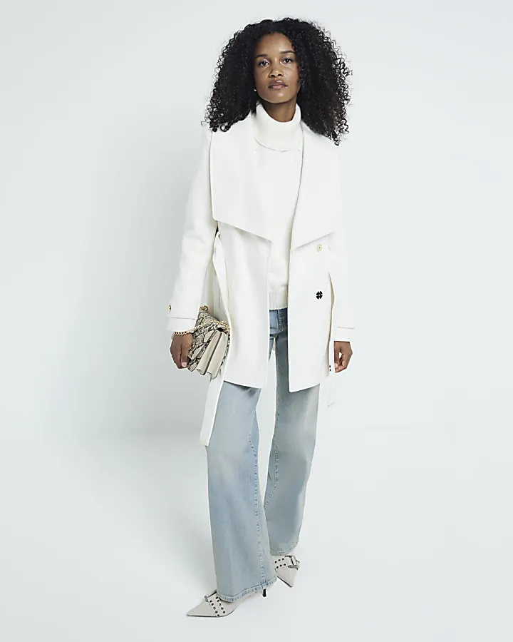 White Short Belted Wrap Coat