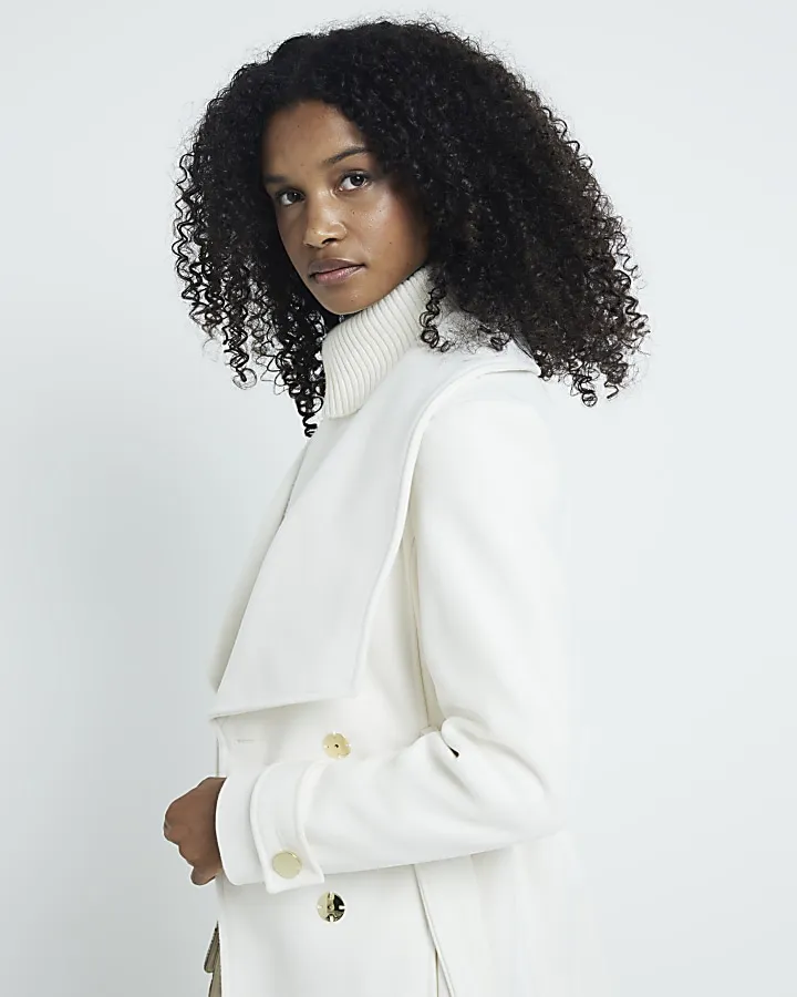 White Short Belted Wrap Coat