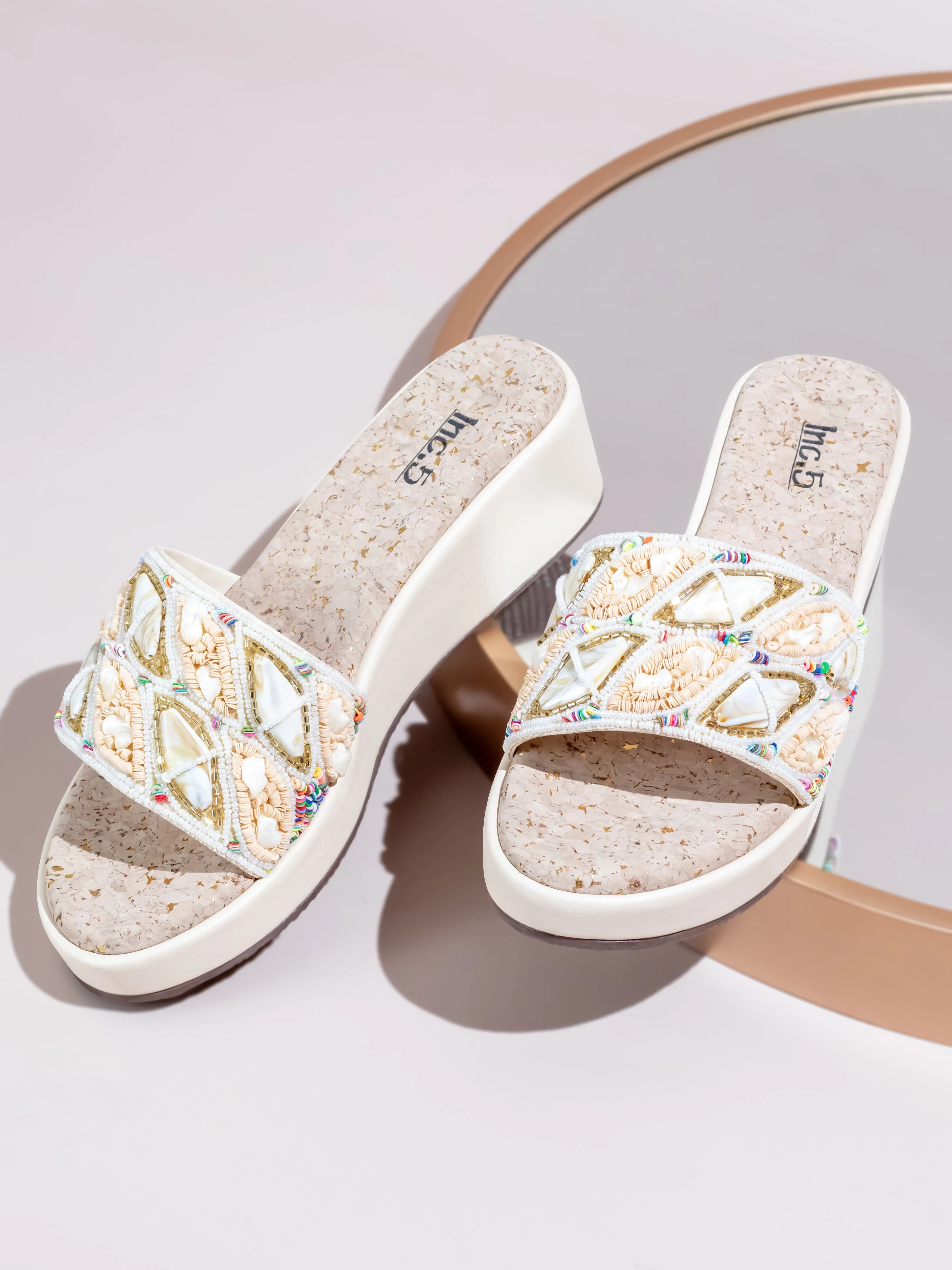 Women Beige Embroidered Open Toe Wedge Heels